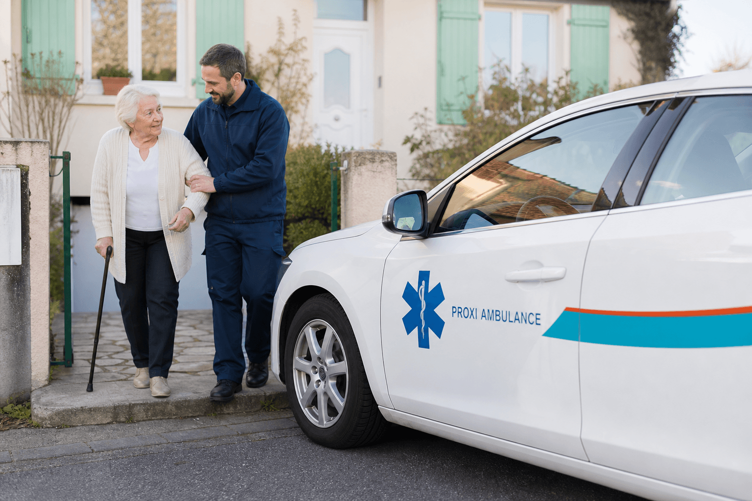 Chauffeur accompagnant une patiente âgée de son domicile au véhicule