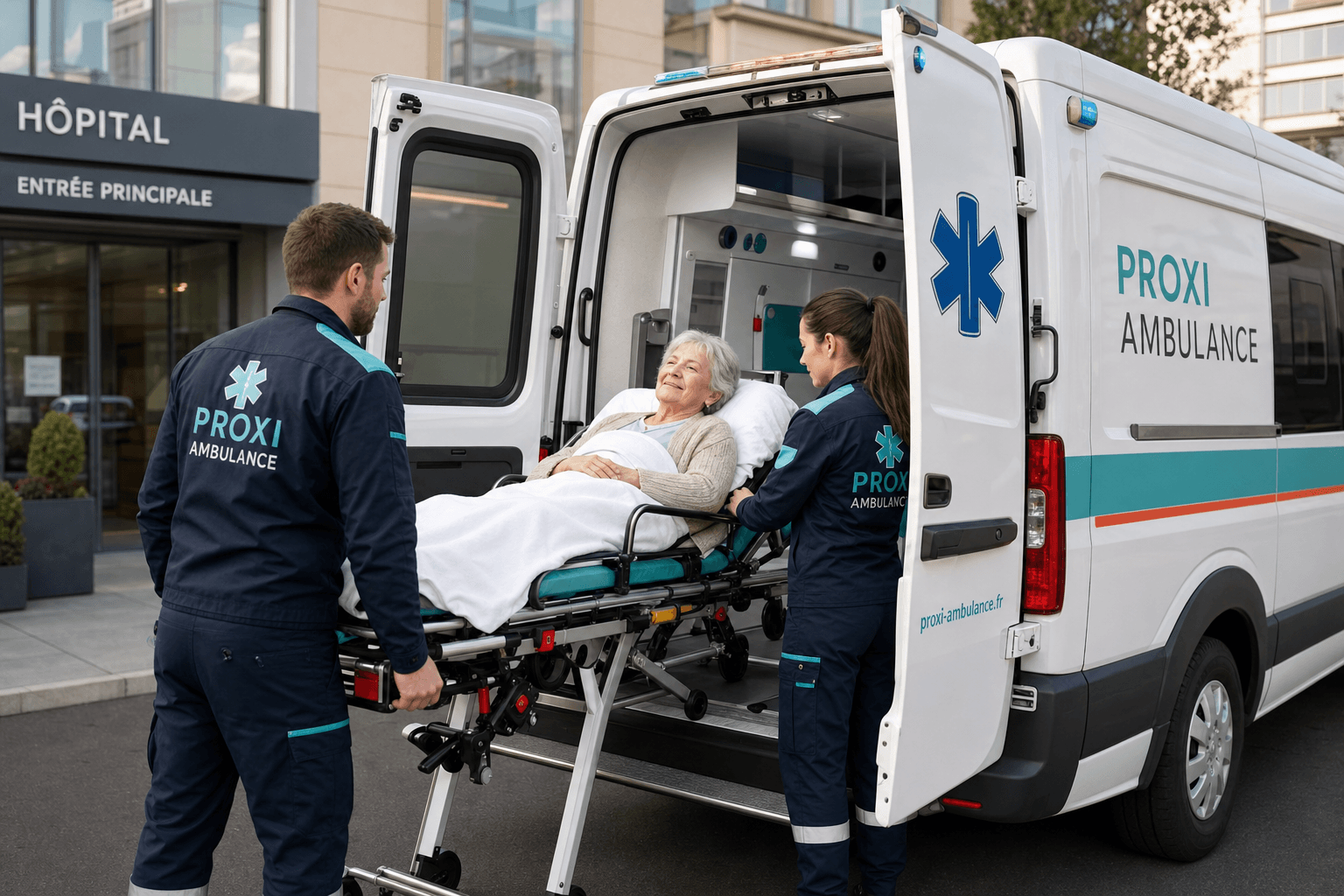 Équipage Proxi Ambulance installant un patient sur brancard dans l'ambulance