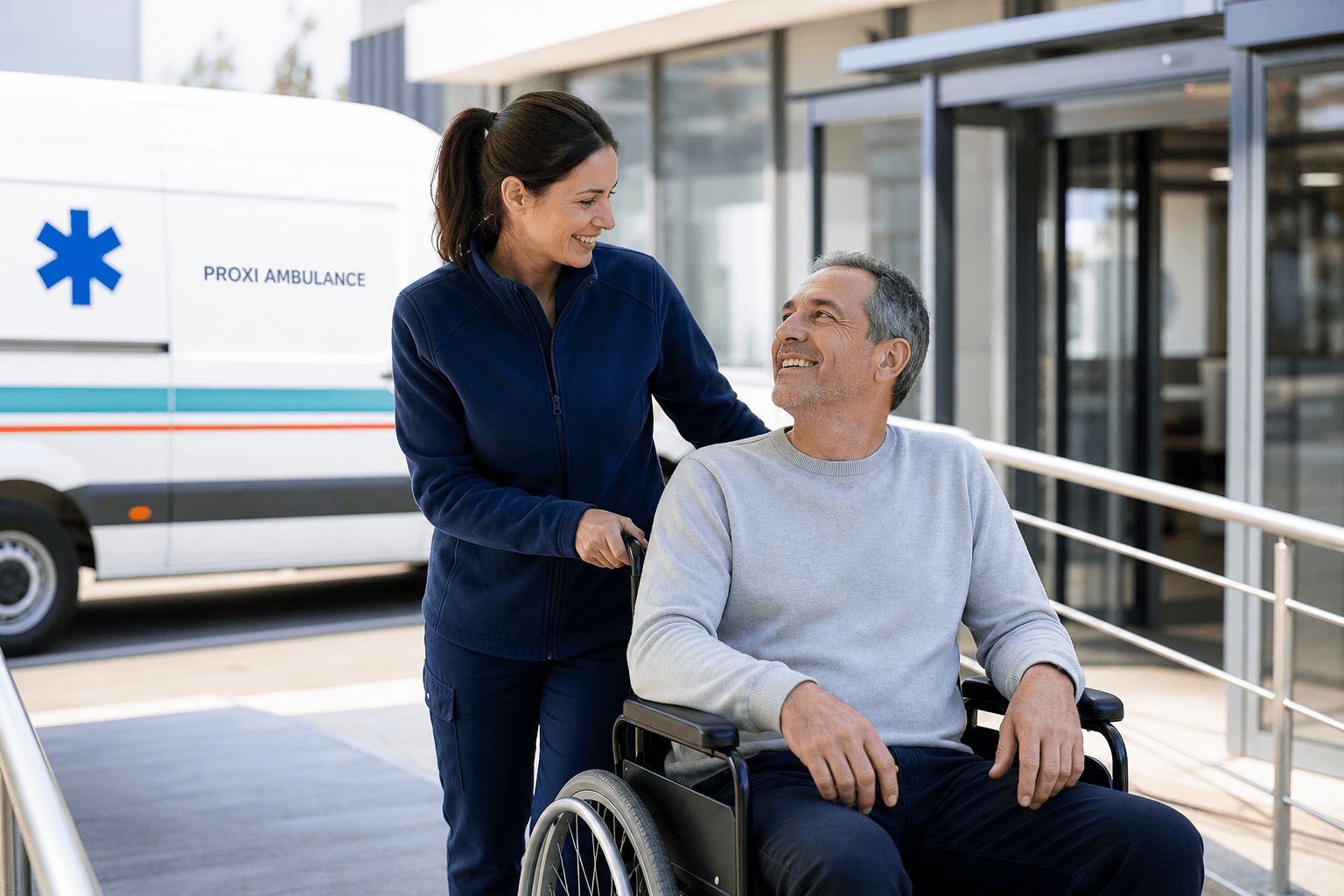 Accompagnement d'un patient en fauteuil roulant jusqu'à l'entrée de la clinique