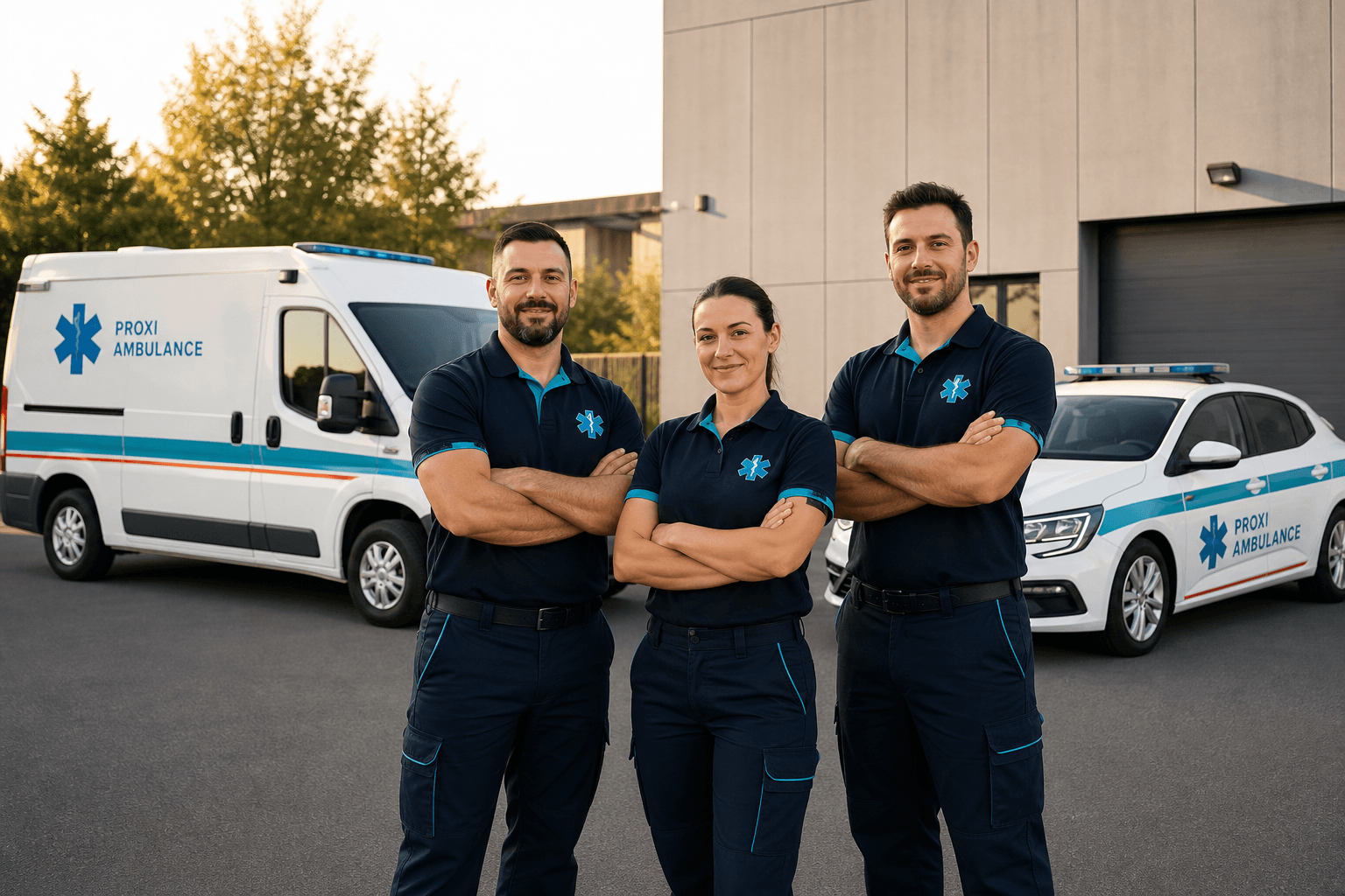 Une équipe d'ambulanciers partenaires devant leurs véhicules